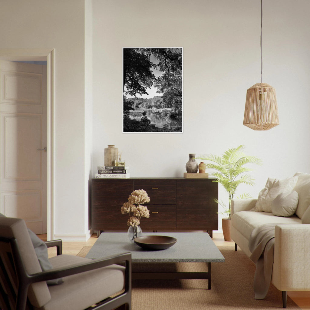 Black and white framed print of Upstate NY summer lake scene from My Store's travel collection, Studio Edition holiday series.