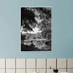 Black and white framed print of a summer lake in Upstate NY from the Studio Edition Travel Collection, ideal for home decor.