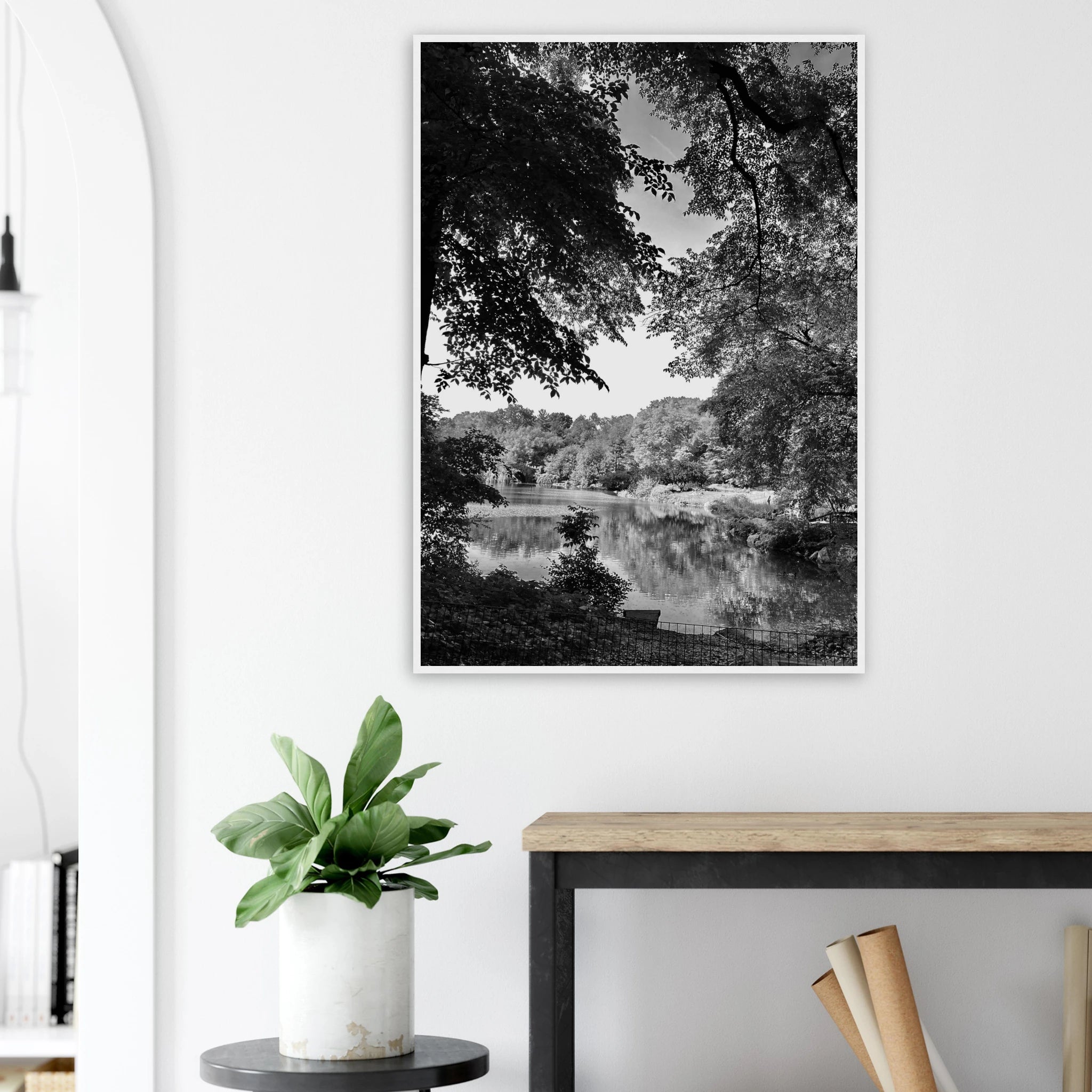Black and white framed print of a summer lake scene from Upstate NY, part of the Studio Edition Travel Collection.