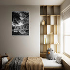 Black and white framed poster of a summer lake scene in Upstate NY, part of the Studio Edition Travel Collection.