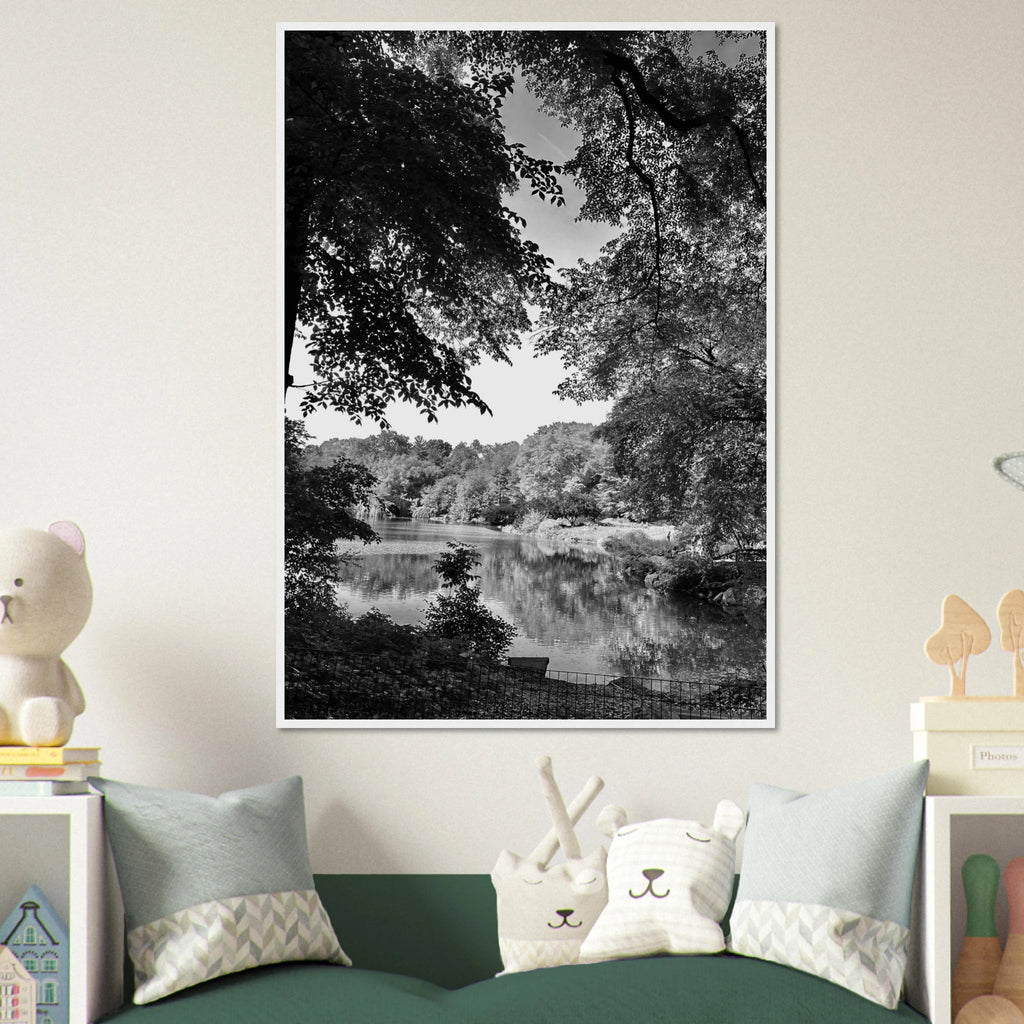 Black and white framed poster of Upstate NY summer lake scene from My Store's Travel Collection, Studio Edition, perfect for home decor.