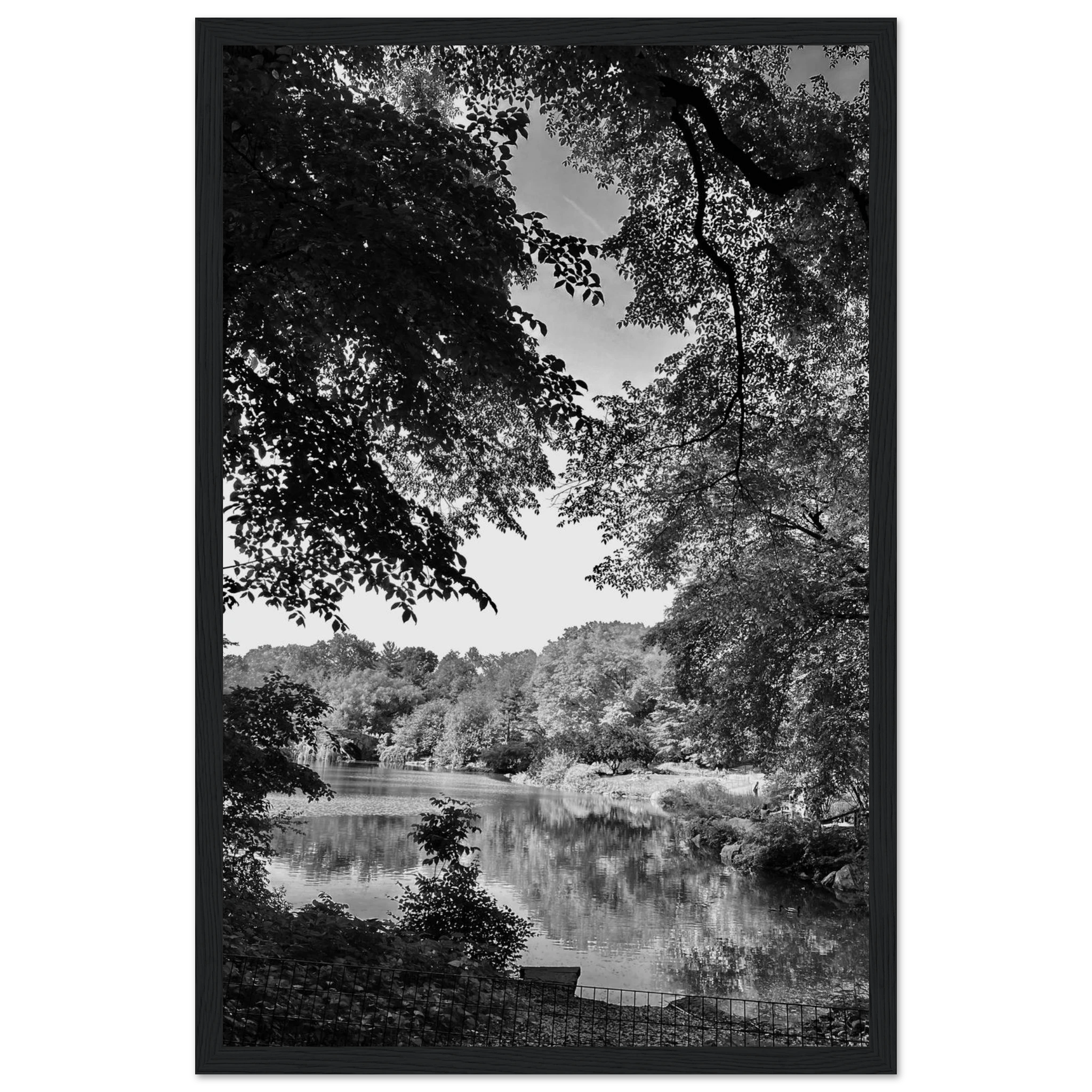 Black and white framed poster of Upstate NY summer lake scene from the My Store Travel Collection, Studio Edition.
