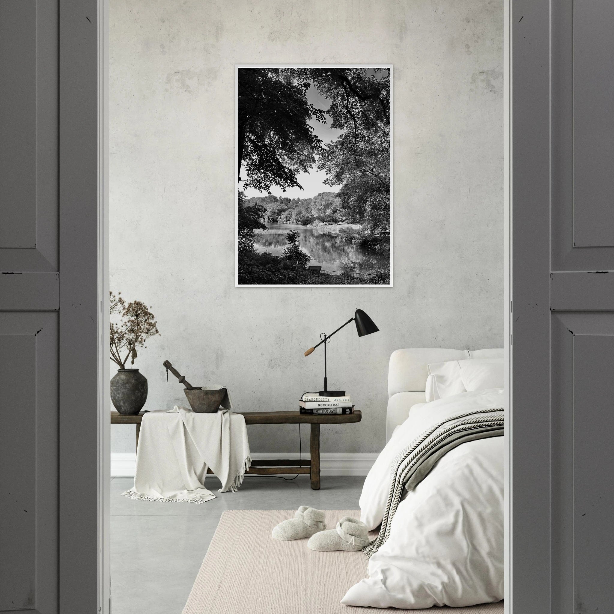 Black and white framed print of a summer lake scene in Upstate New York from the My Store travel collection.