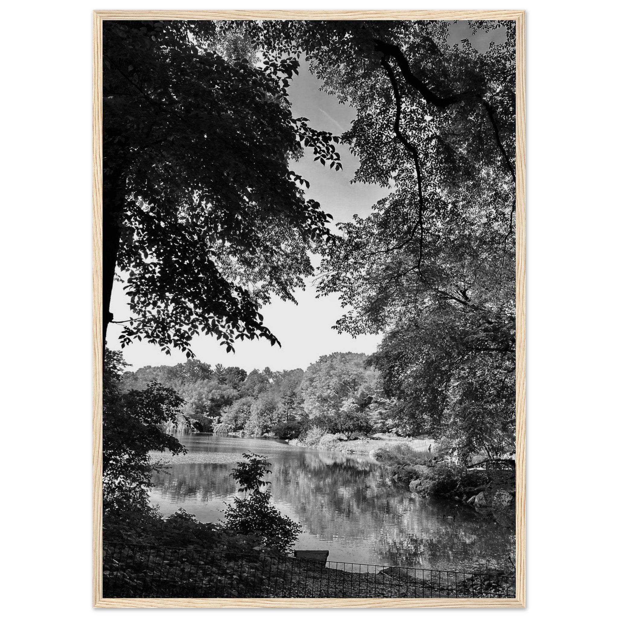 Black and white framed print of a summer lake in Upstate NY from the My Store travel collection, Studio Edition Black & White Series.