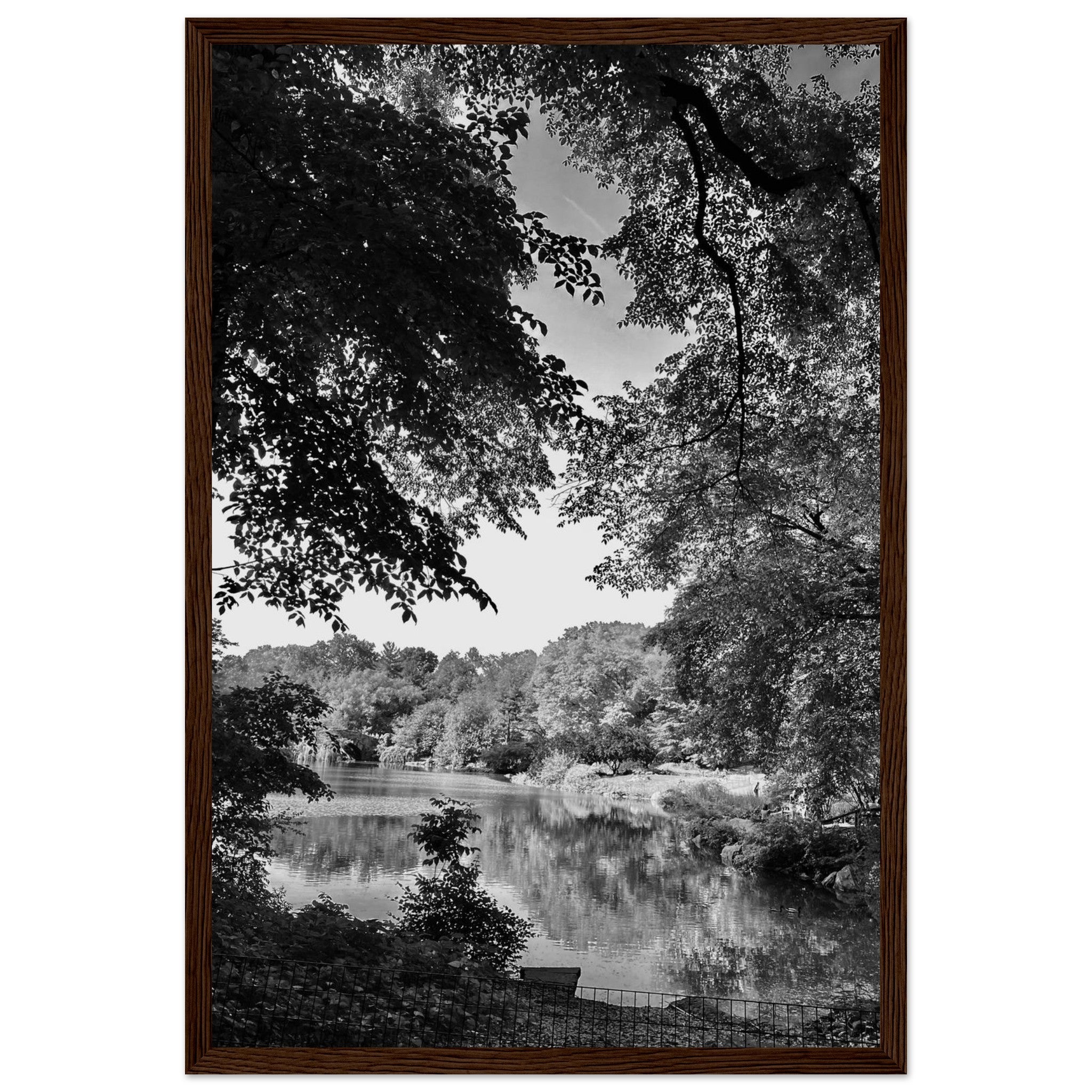 Black and white framed print of Upstate NY summer lake scene from the Travel Collection, Studio Edition, perfect for home decor.