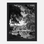 Black and white framed print of Upstate NY summer lake scene from the Travel Collection Studio Edition, perfect for home decor.