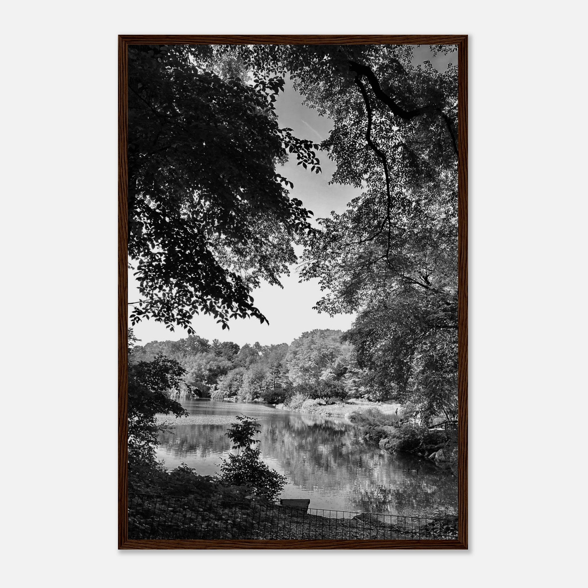 Black and white framed print of an Upstate NY summer lake scene from the My Store travel collection, studio edition holiday series.