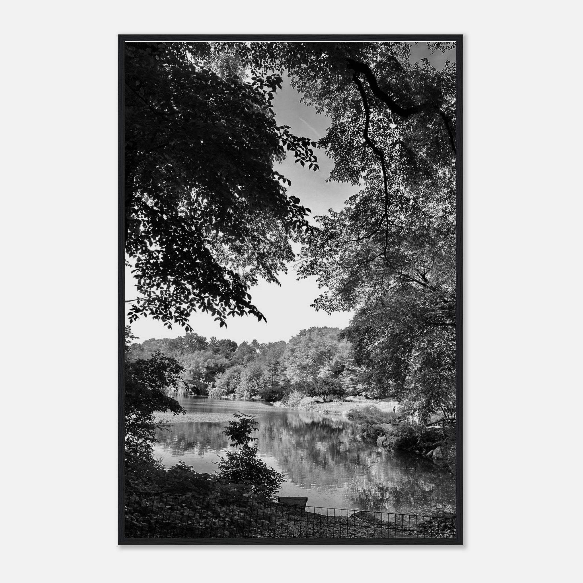 Black and white framed print of a summer lake scene in Upstate NY, part of the My Store travel collection, Studio Edition.