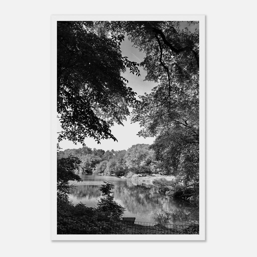 Black and white framed print of a summer lake scene from Upstate NY, part of the Studio Edition Travel Collection.