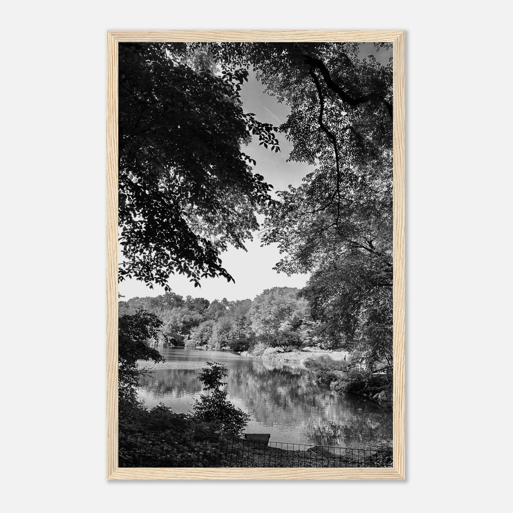 Black and white framed print of Upstate NY summer lake scene from the Travel Collection by My Store, perfect for home decor.