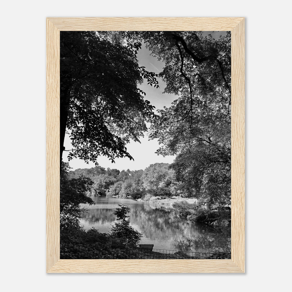 Black and white framed print of Upstate NY summer lake scene from My Store's travel collection, studio edition, holiday series.