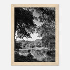 Black and white framed print of Upstate NY summer lake scene from My Store's travel collection, studio edition, holiday series.