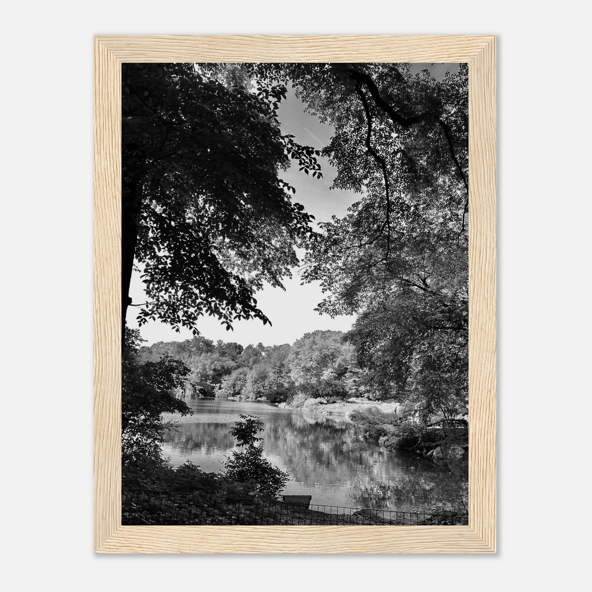 Black and white framed print of Upstate NY summer lake scene from My Store's travel collection, studio edition, holiday series.
