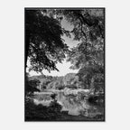 Black and white framed print of a summer lake in Upstate NY, part of the Studio Edition Travel Collection.