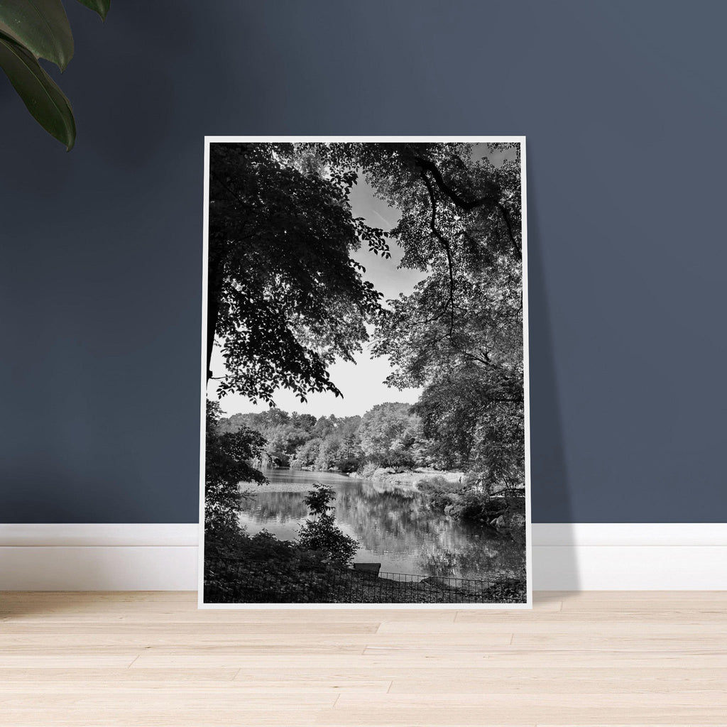 Black and white framed poster of Upstate NY summer lake scene, part of the Studio Edition Travel Collection, perfect for home decor.