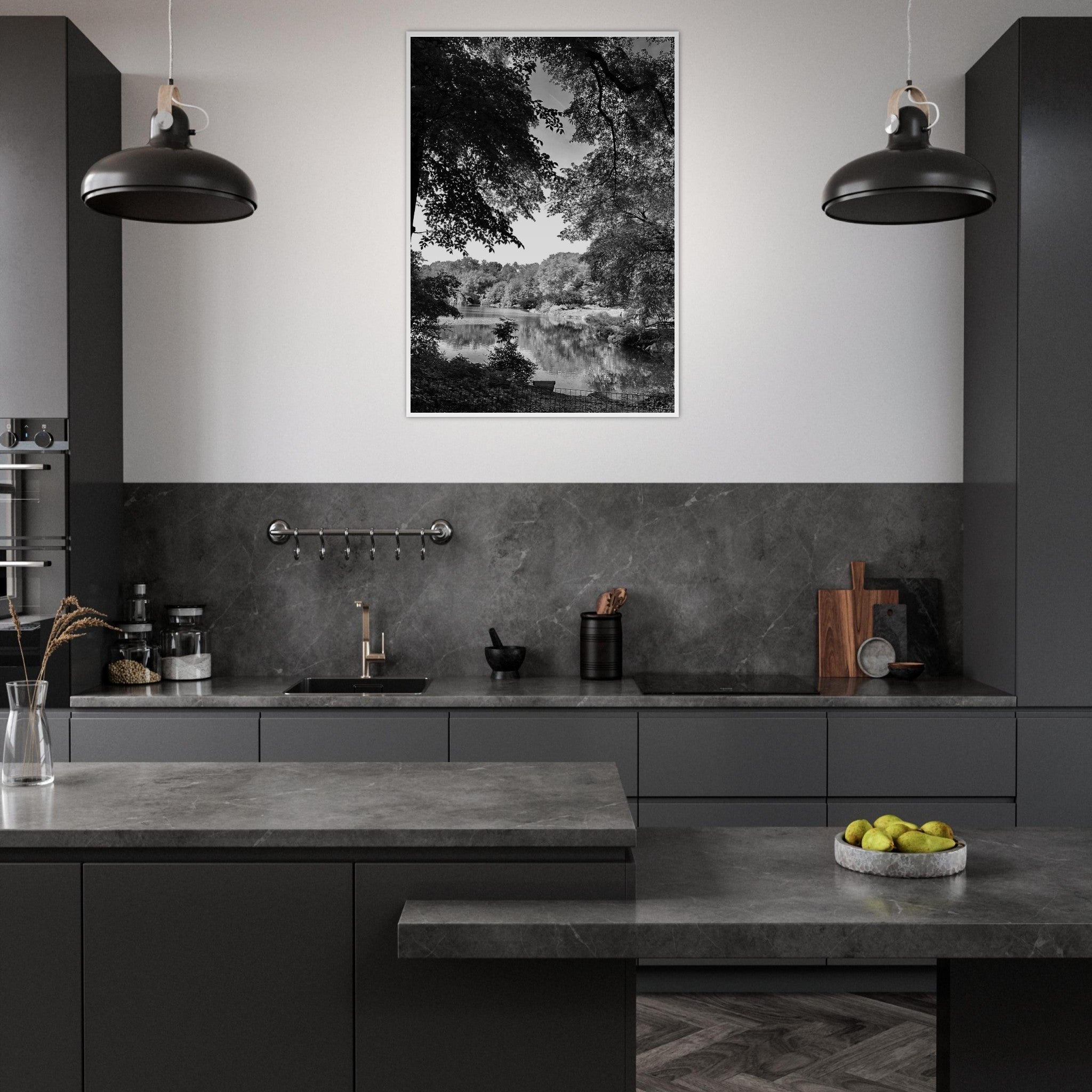 Black and white framed print of an Upstate NY summer lake scene from the My Store travel collection, studio edition.