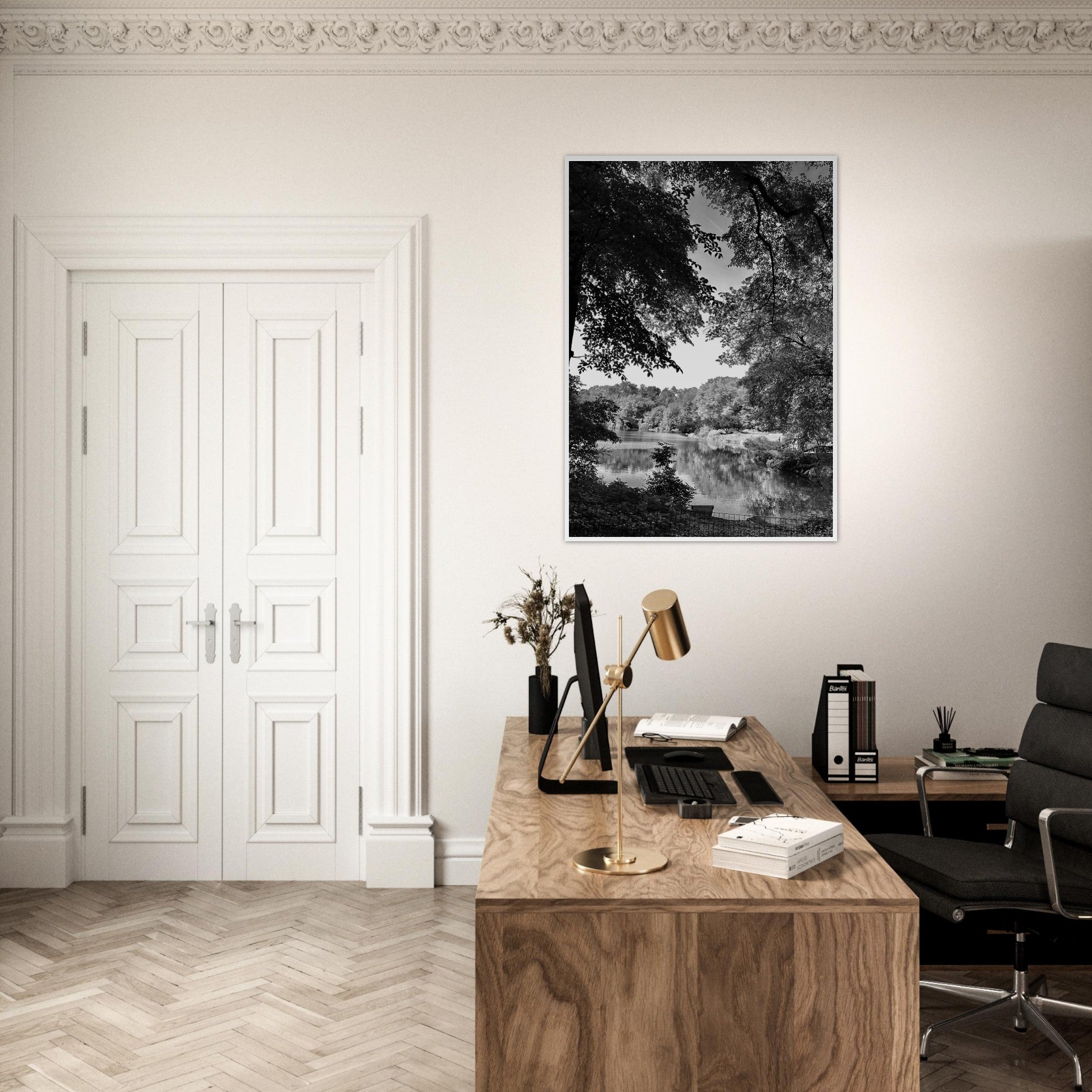 Framed black and white print of Upstate NY summer lake scene from the Travel Collection Studio Edition, ideal for home decor.