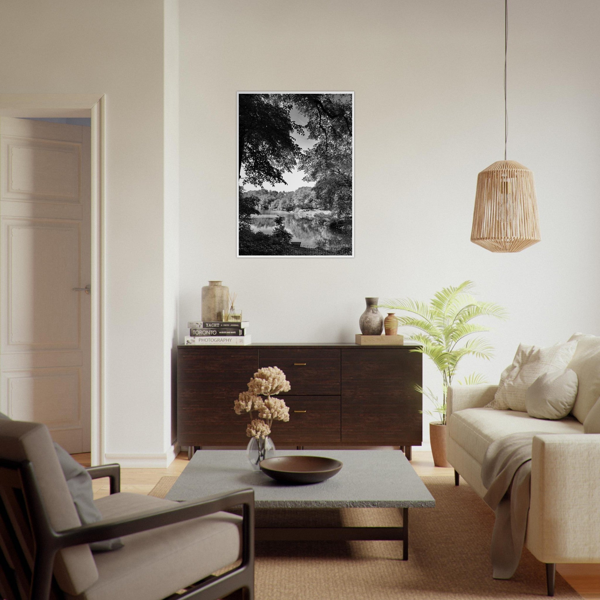 Black and white framed print of Upstate NY summer lake scene from the My Store travel collection, Studio Edition Black & White Series.