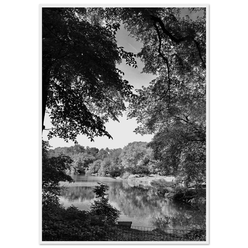 Black and white framed poster of Upstate NY summer lake scene from the My Store travel collection, Studio Edition print.