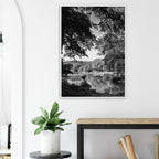 Black and white framed print of Upstate NY summer lake scene from the My Store Travel Collection, studio edition.