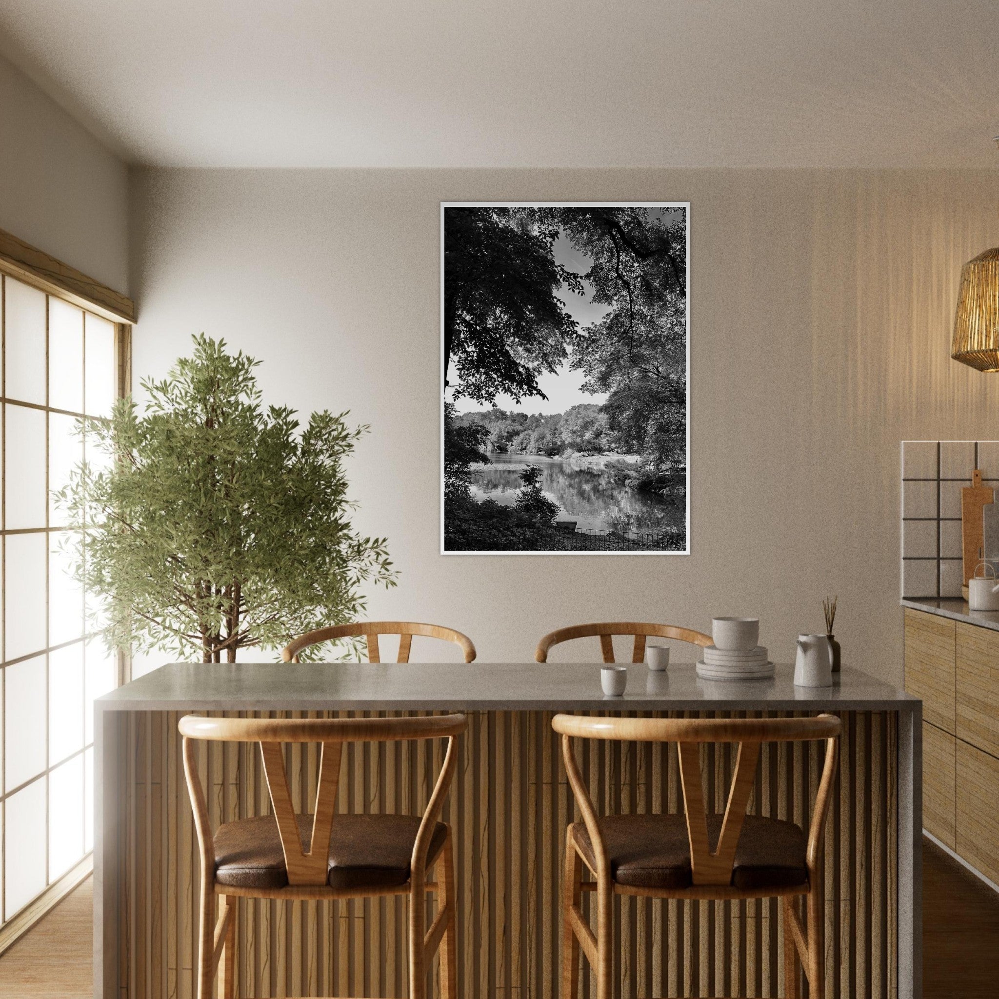 Framed black and white print of Upstate NY summer lake scene from the My Store Travel Collection, Studio Edition, Holiday 25.