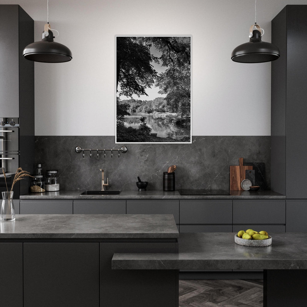 Black and white framed print of Upstate NY summer lake scene from the Travel Collection, Studio Edition, ideal for home decor.