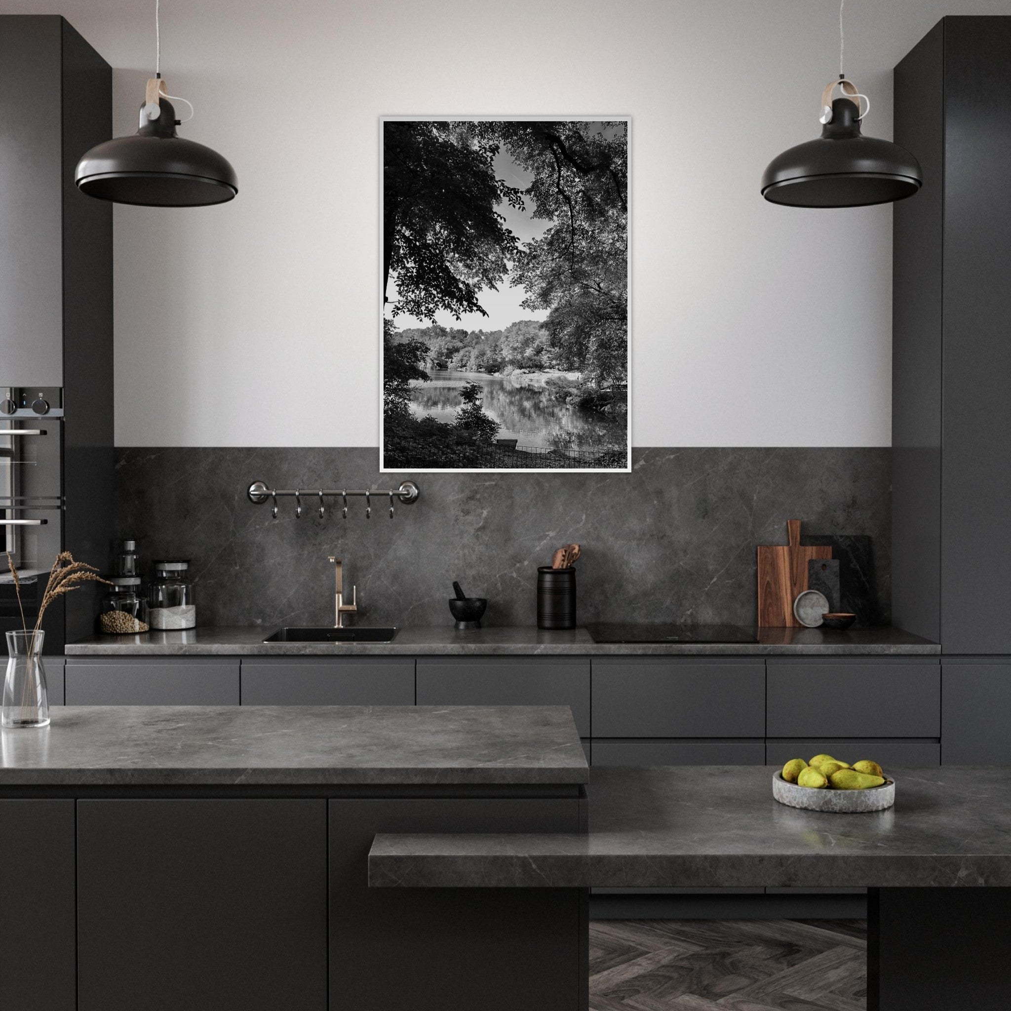 Black and white framed print of Upstate NY summer lake scene from the Travel Collection, Studio Edition, ideal for home decor.