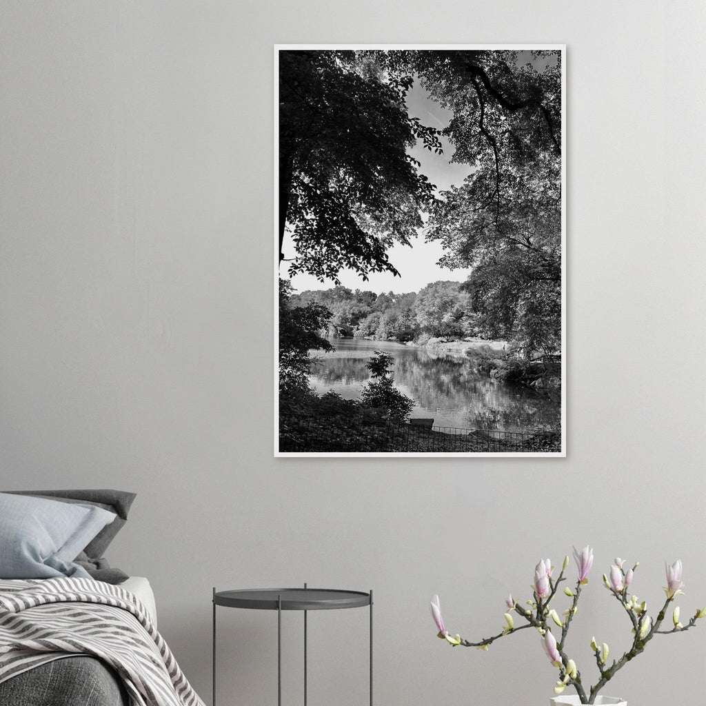 Black and white framed print of a summer lake in Upstate NY from the Travel Collection Studio Edition.