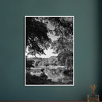 Black and white framed poster of a summer lake in Upstate NY from the My Store travel collection, Studio Edition Black & White Series.