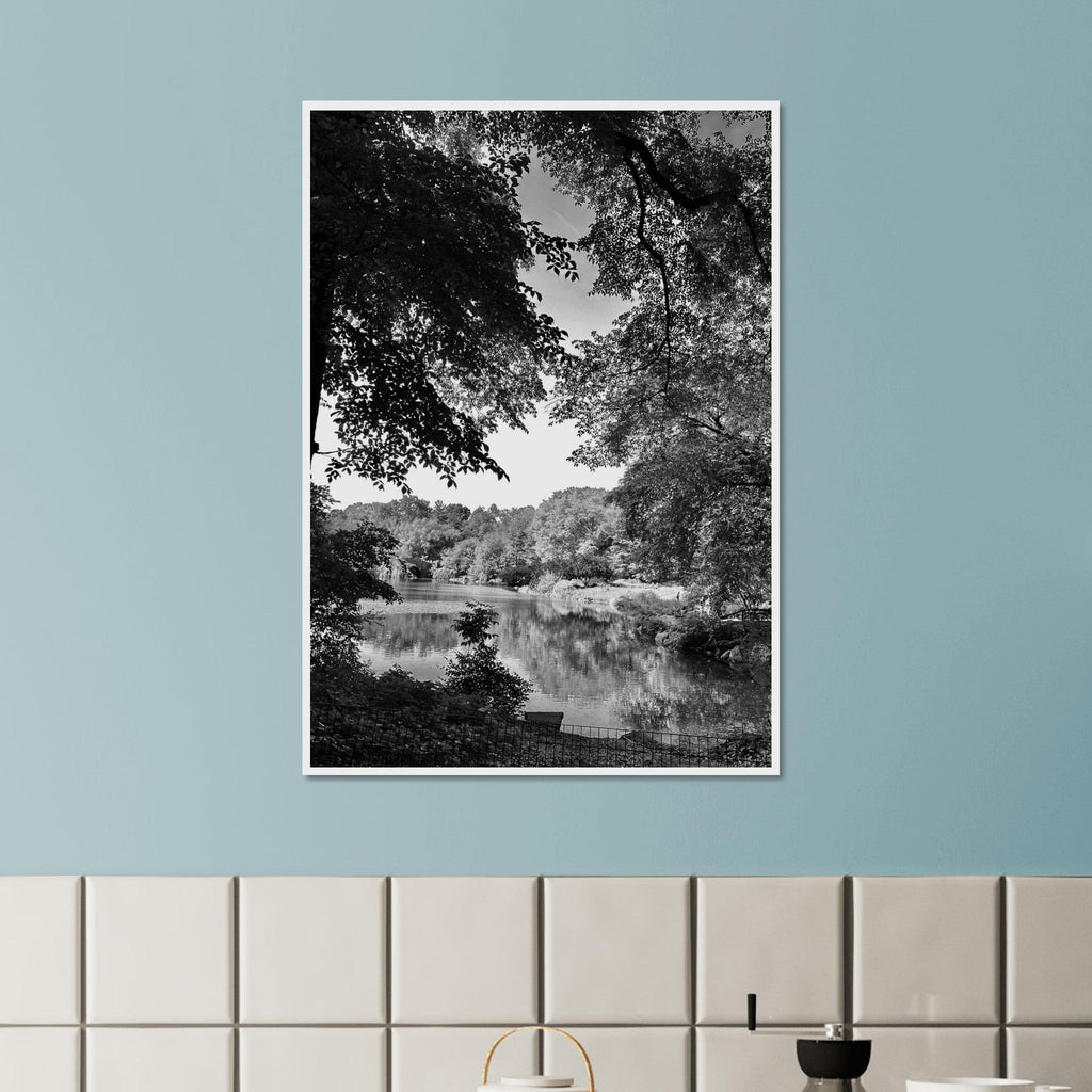 Black and white framed print of Upstate NY summer lake scene from the My Store travel collection, studio edition, holiday series.