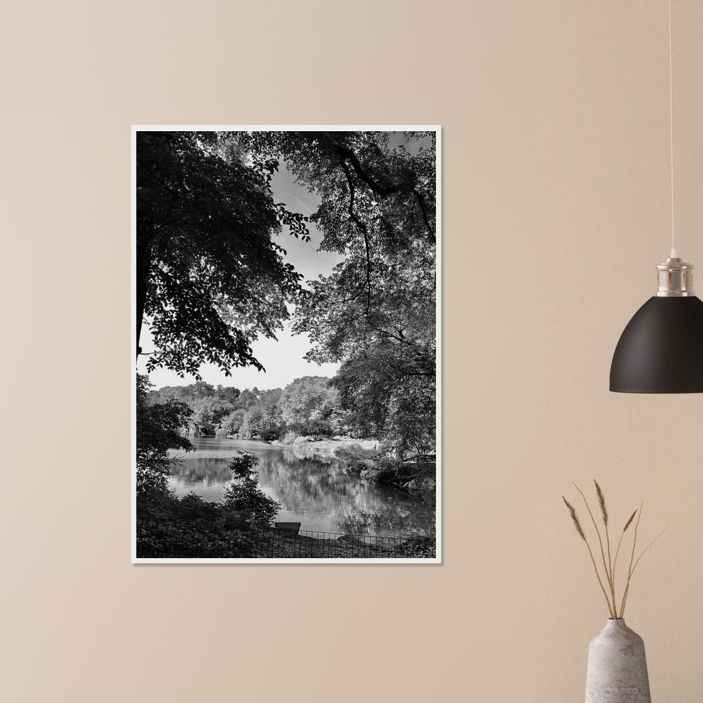 Black and white framed poster of a summer lake scene in Upstate NY, part of the Studio Edition Travel Collection.