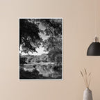 Black and white framed poster of a summer lake scene in Upstate NY, part of the Studio Edition Travel Collection.