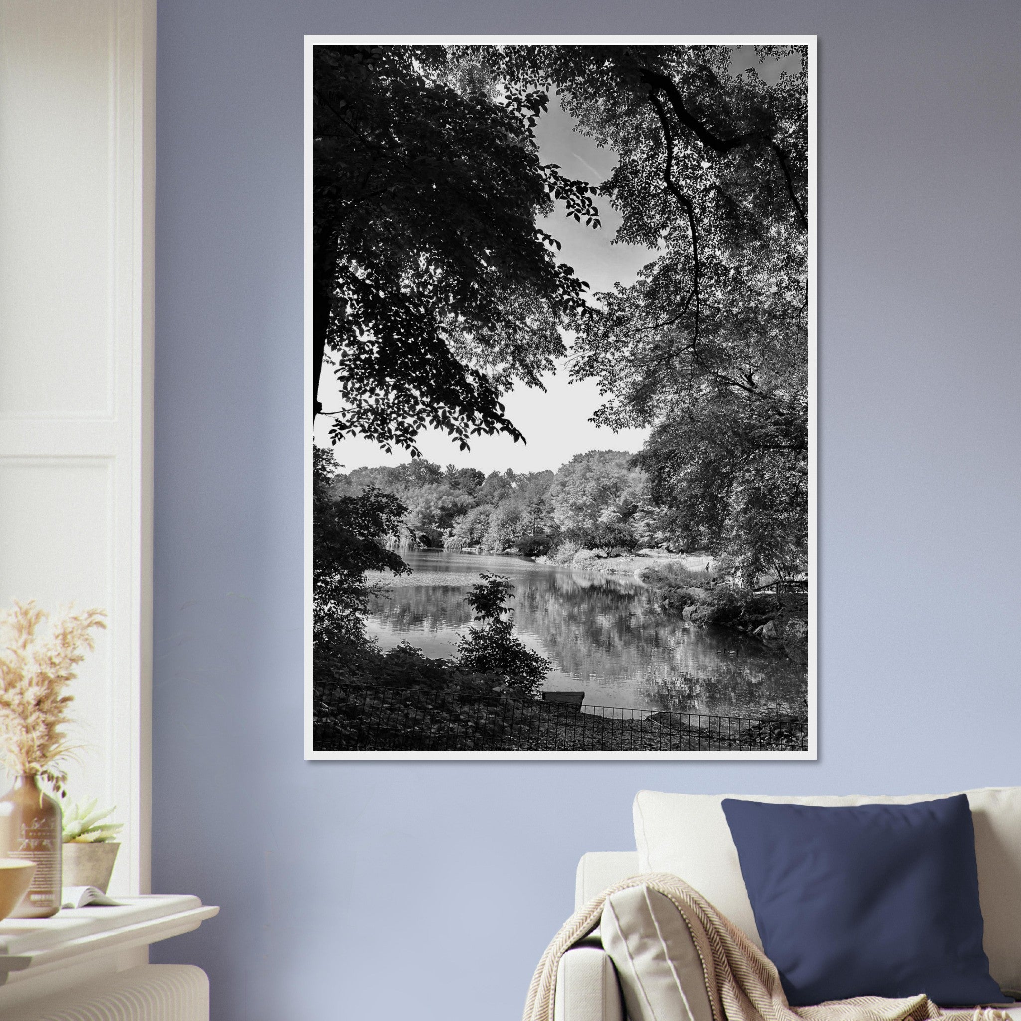 Black and white framed print of a summer lake scene in Upstate NY from the Studio Edition Travel Collection by My Store.