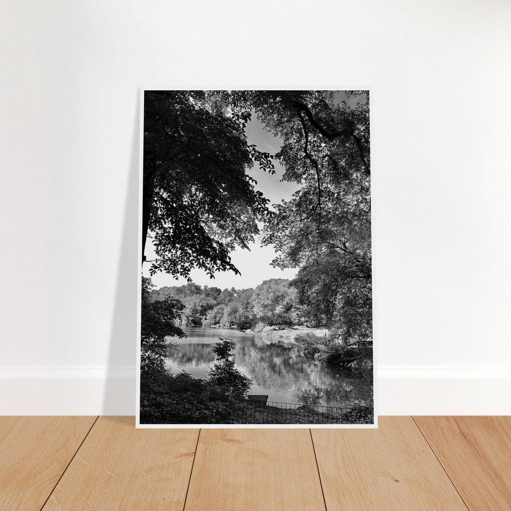 Framed black and white print of a summer lake scene in Upstate NY from the Studio Edition Travel Collection.
