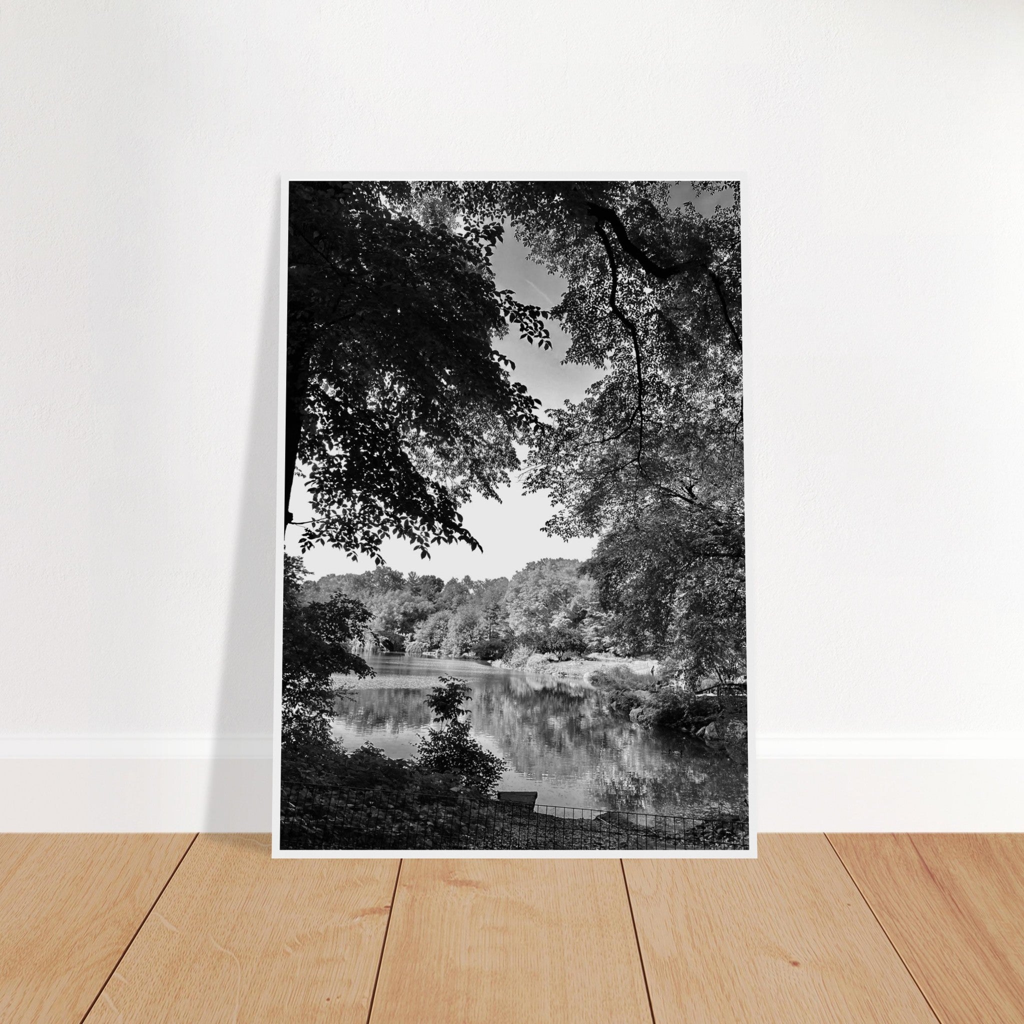 Framed black and white print of a summer lake scene in Upstate NY from the Studio Edition Travel Collection.