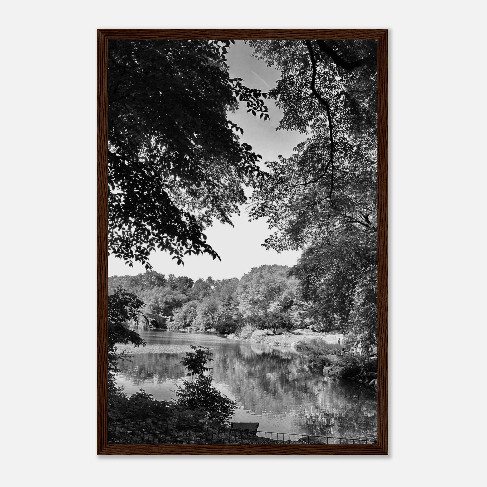 Black and white framed poster of a summer lake in Upstate NY, part of the Studio Edition Travel Collection.