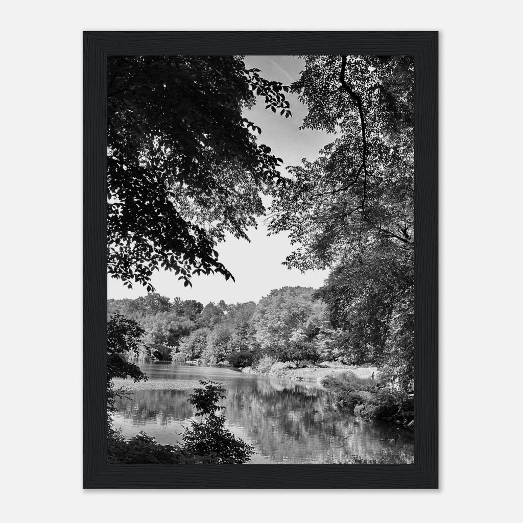 Black and white framed poster of Upstate NY summer lake scene from the My Store travel collection, 15x20 cm print with white frame.