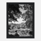 Black and white framed poster of Upstate NY summer lake scene from the My Store travel collection, 15x20 cm print with white frame.