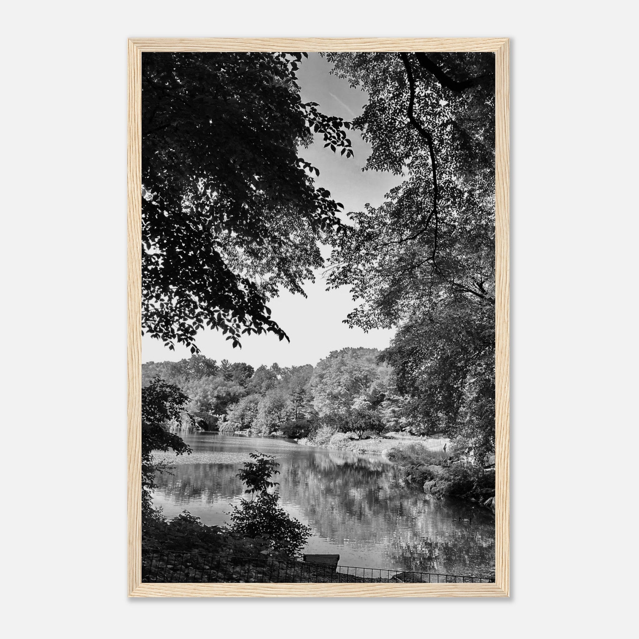 Black and white framed print of a summer lake scene in Upstate NY from the My Store travel collection, studio edition.