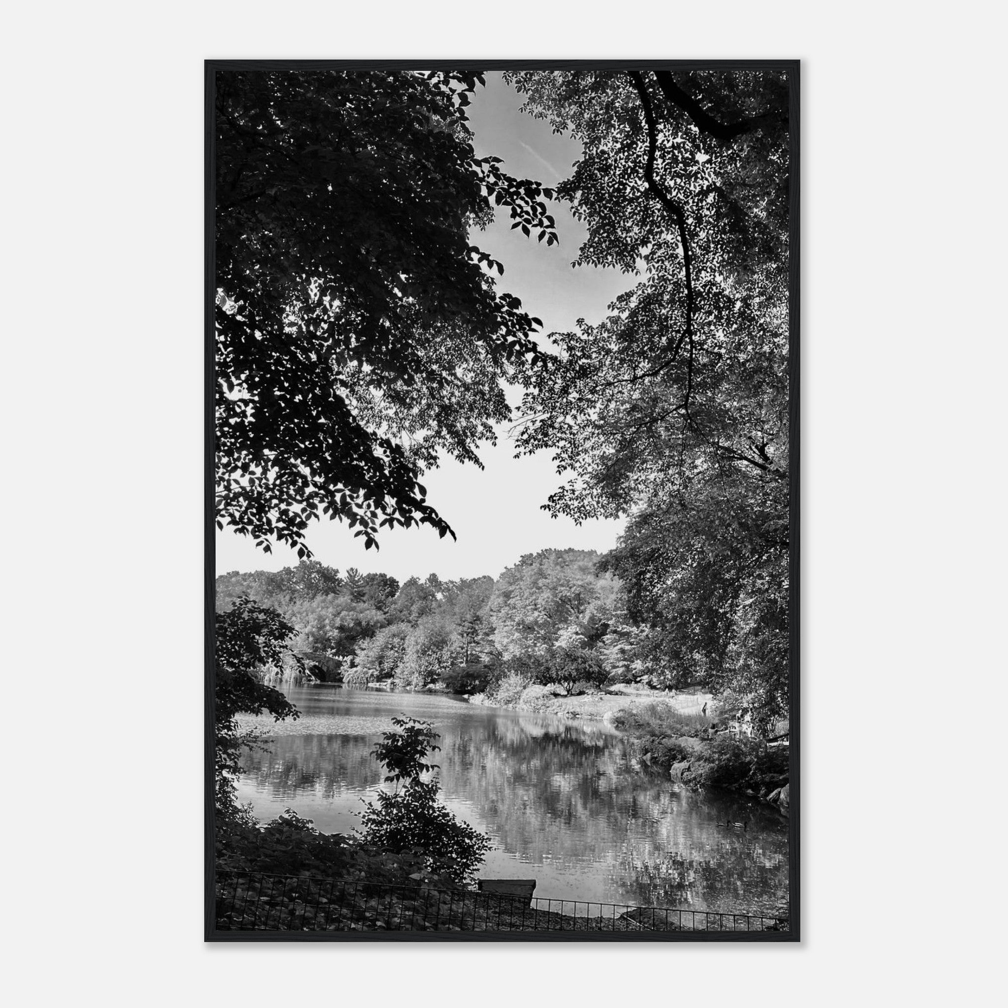 Black and white framed print of a summer lake scene in Upstate NY, part of the Studio Edition Travel Collection.