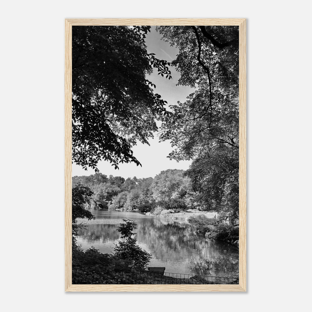 Black and white framed print of a summer lake in Upstate NY, part of the Studio Edition Travel Collection.