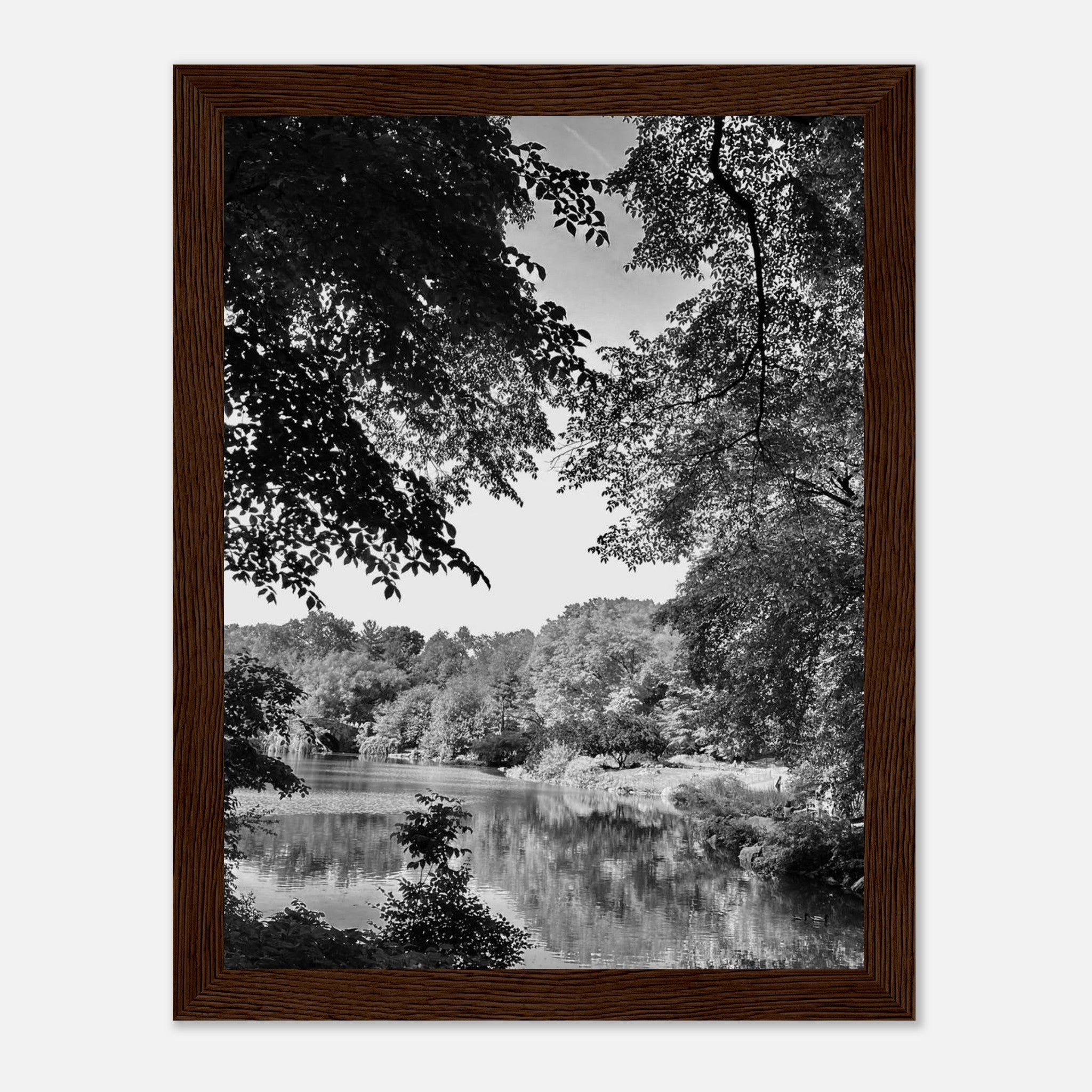 Black and white framed poster of Upstate NY summer lake scene from the Studio Edition Travel Collection, perfect for home decor.