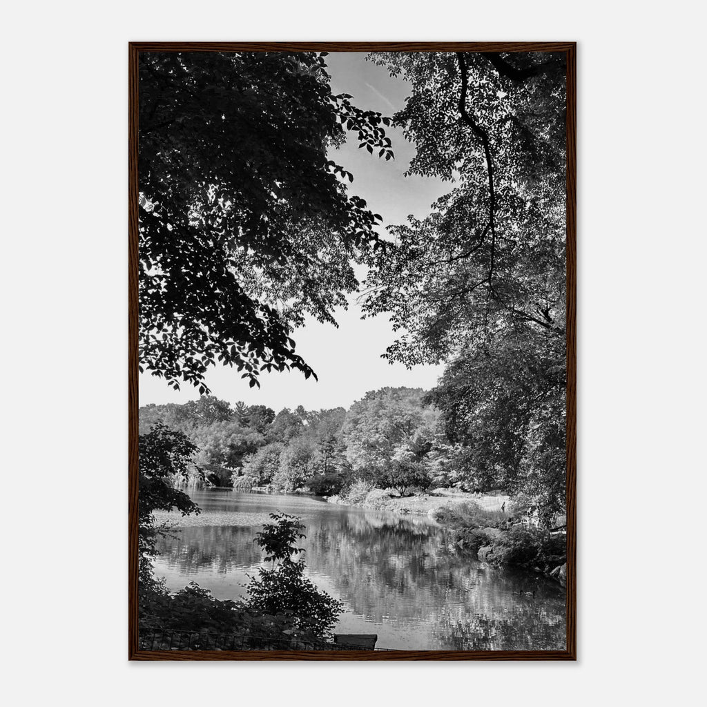 Black and white framed print of Upstate NY summer lake scene from the Studio Edition travel collection, 15x20 cm print with white frame.