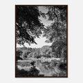 Black and white framed print of Upstate NY summer lake scene from the Studio Edition travel collection, 15x20 cm print with white frame.