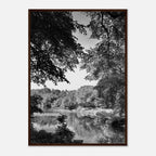Black and white framed print of Upstate NY summer lake scene from the Studio Edition travel collection, 15x20 cm print with white frame.