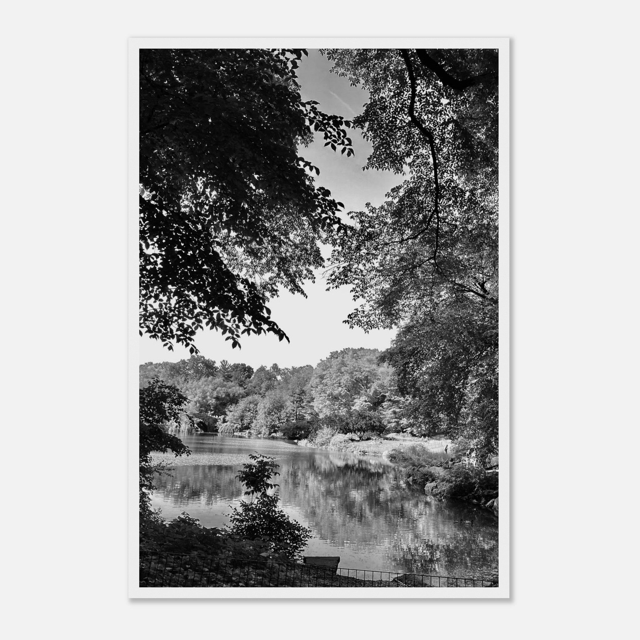 Black and white framed print of an Upstate NY summer lake scene from the Travel Collection Studio Edition, perfect for home decor.