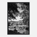 Black and white framed print of Upstate NY summer lake scene from the Travel Collection, Studio Edition, 15x20 cm print.
