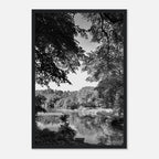 Black and white framed print of Upstate NY summer lake scene from the Travel Collection, Studio Edition, 15x20 cm print.
