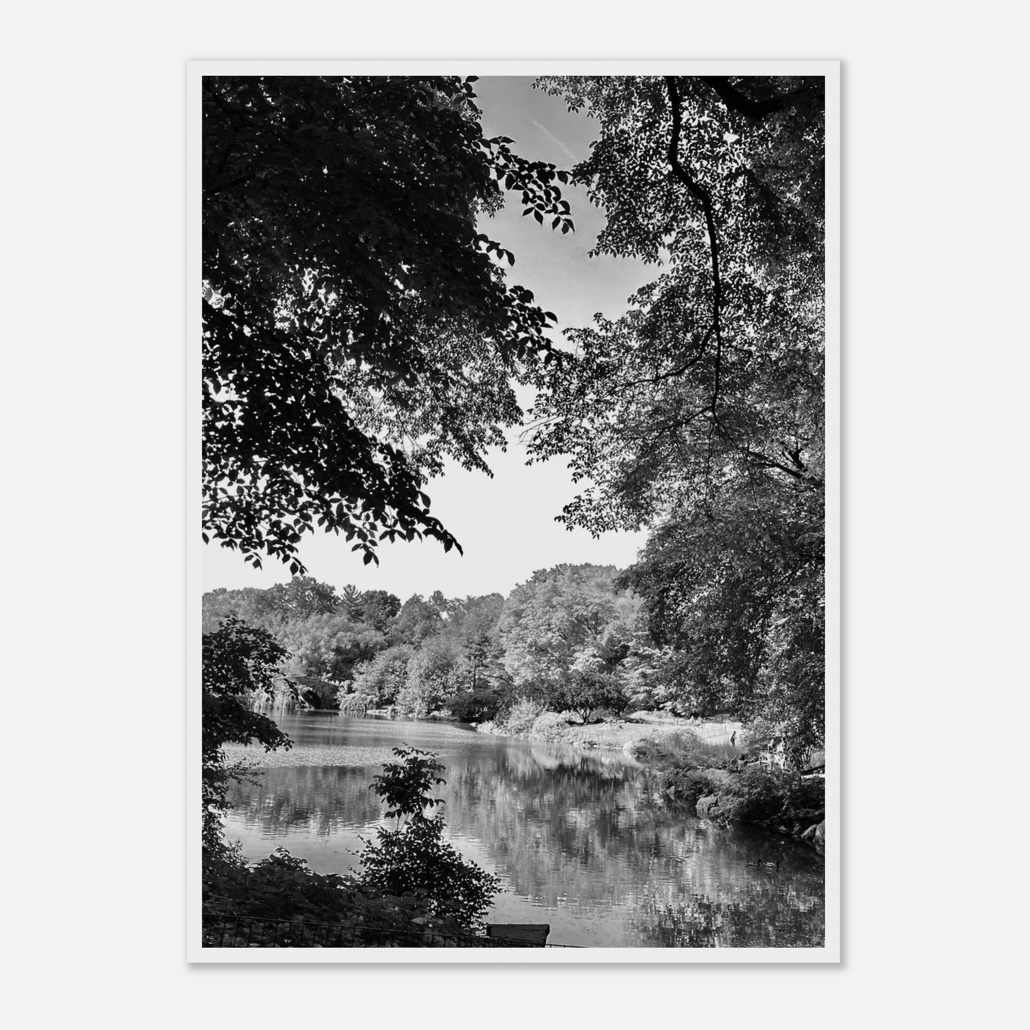 Black and white framed print of a summer lake scene in upstate NY from the My Store travel collection, studio edition.