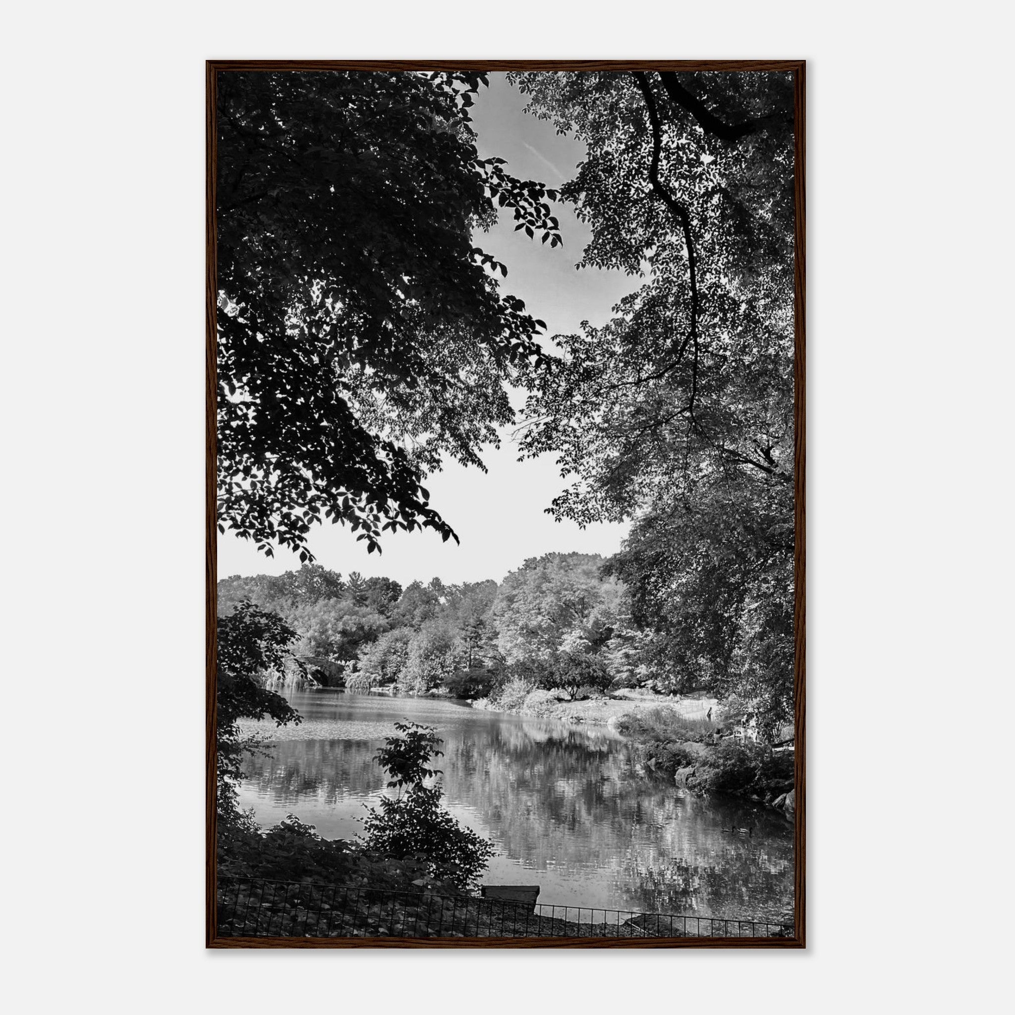 Black and white framed print of a summer lake in Upstate NY from the Travel Collection, Studio Edition, perfect for home decor.